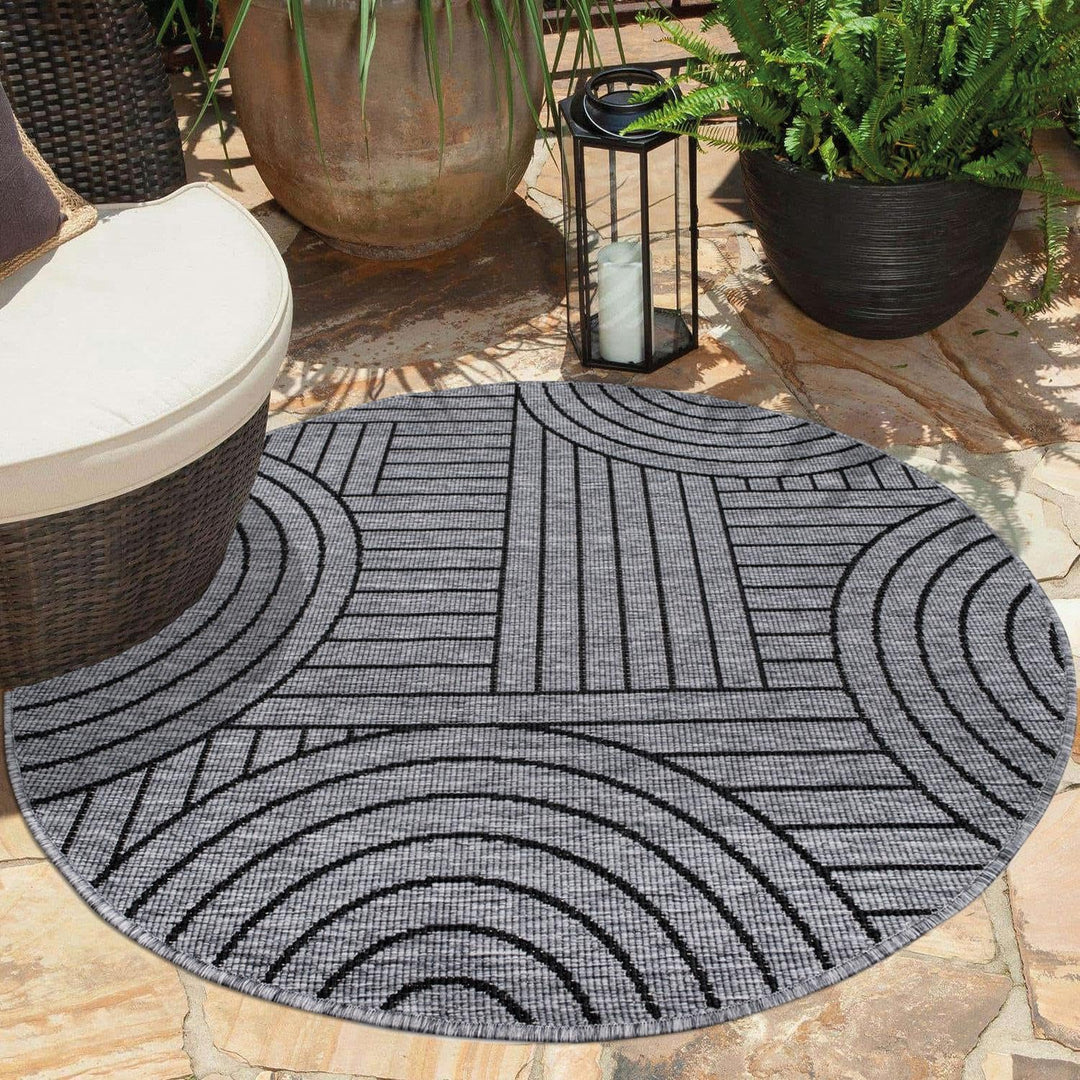 carpet city Outdoor Teppich Wetterfest 120 cm Rund - Grau-Anthrazit - Wendeteppich, Beidseitiges Geo