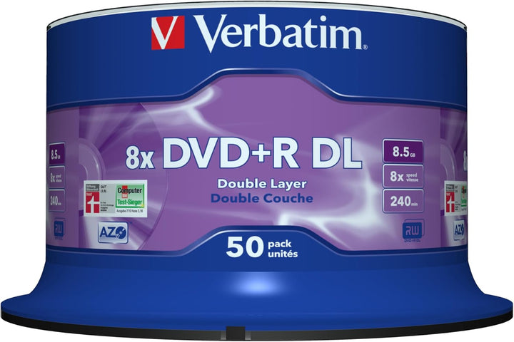 Verbatim DVD+R Double Layer Matt Silver 8.5GB, 50er Pack Spindel, DVD Rohlinge beschreibbar, 8-fache