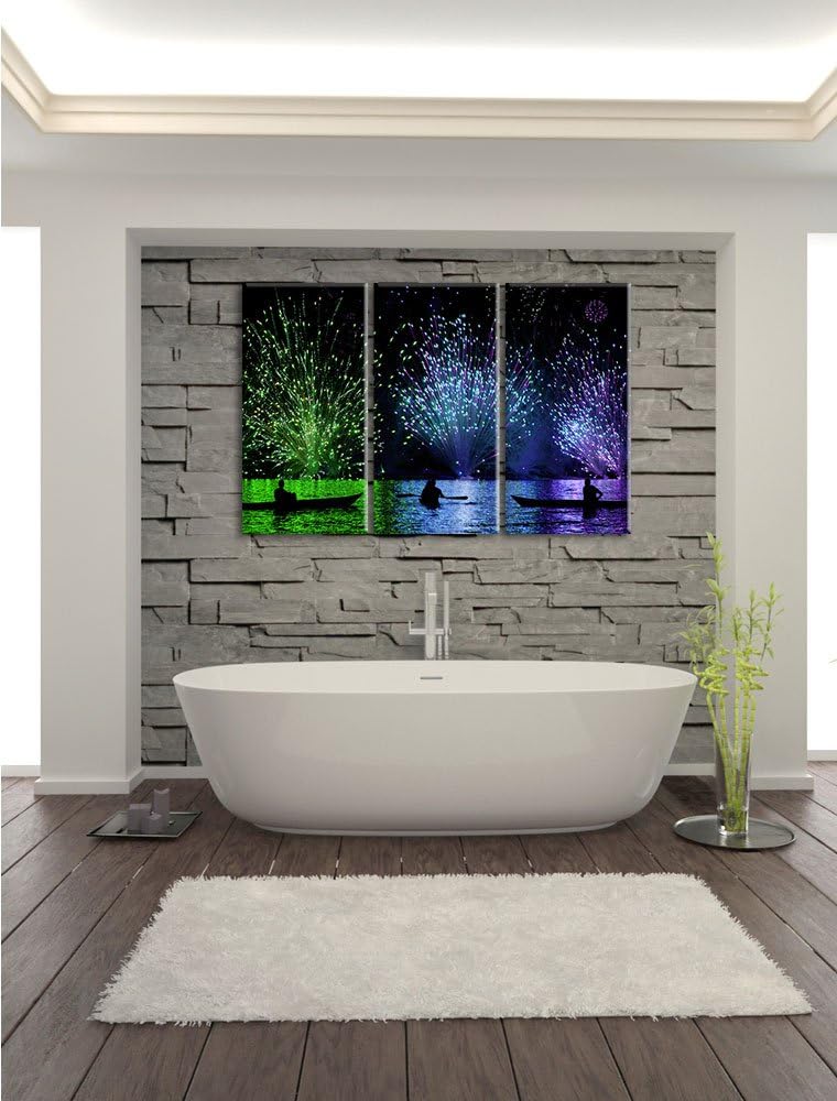 Pixxprint Feuerwerk auf dem Wasser / 3-Teilig/Gesamtmass 120cm Leinwandbild bespannt auf Holzrahmen/