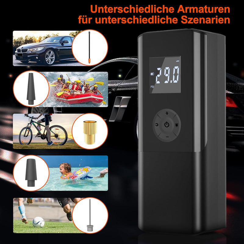 Elektrische Luftpumpe 150PSI Akku Luftpumpe mit 6000mAh Akku Tragbar Fahrradpumpe mit Digitale Anzei
