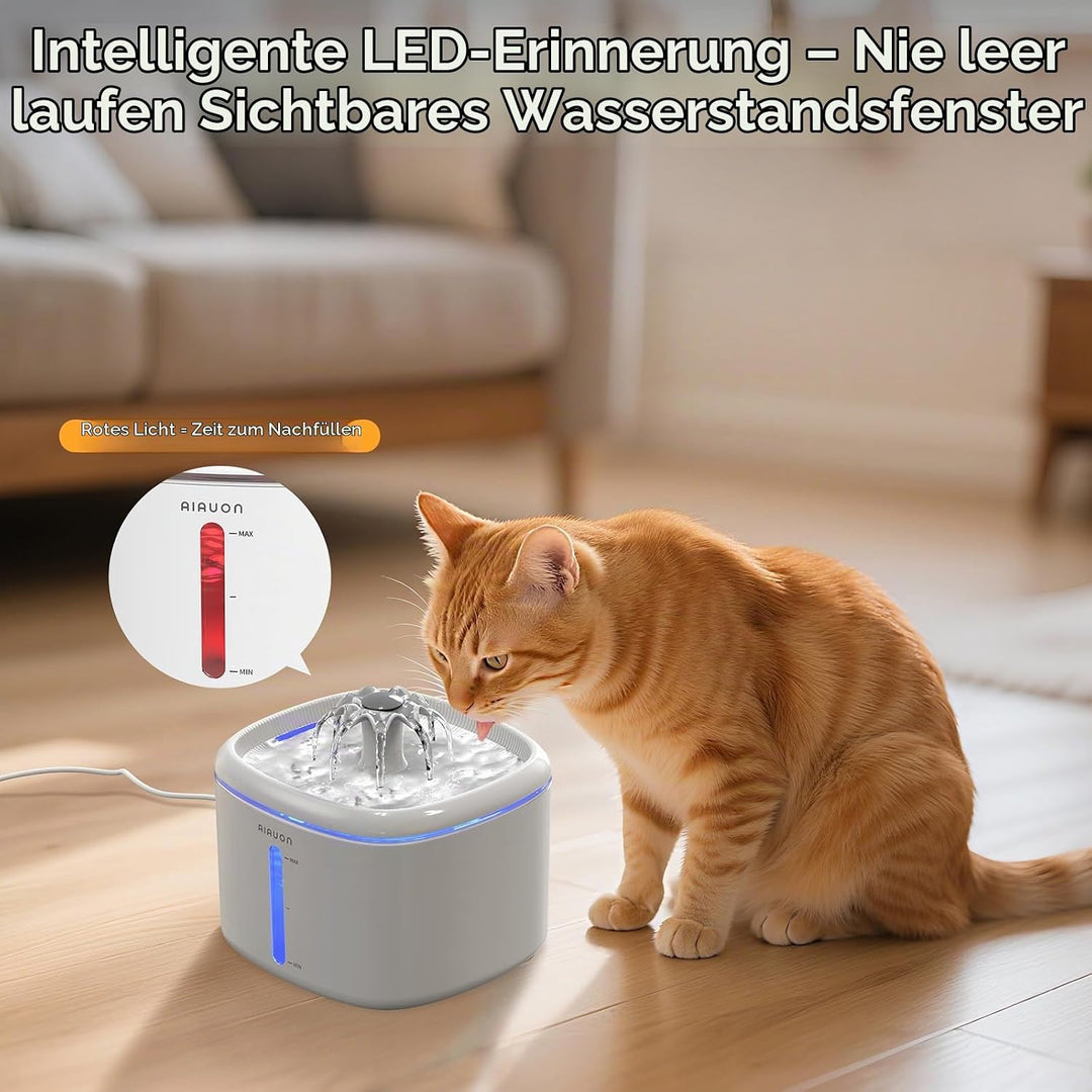 Trinkbrunnen für Katze, 2,5L Katzenbrunnen Leise mit 8 Ersatzfiltern und LED-Wasserstandsfenster für