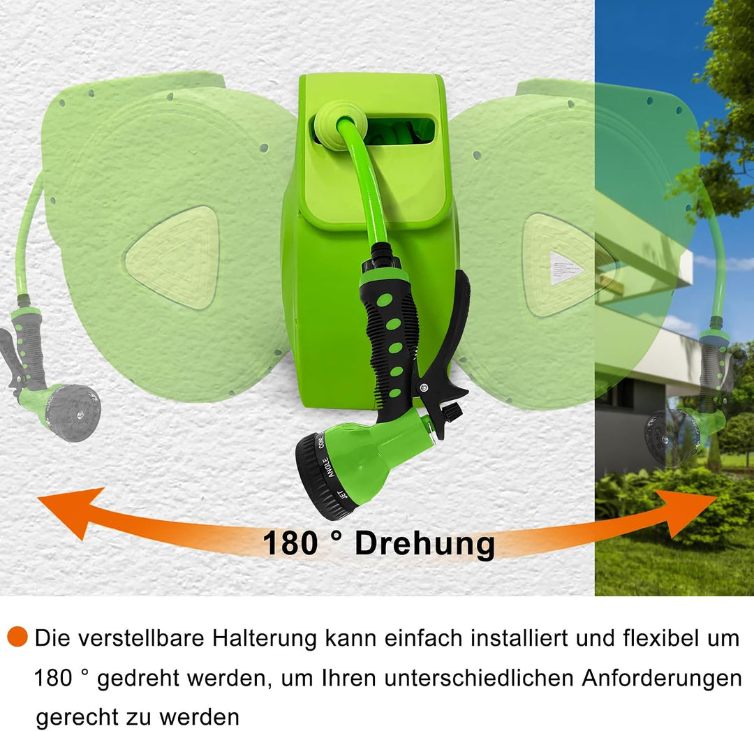 Wand-Schlauchbox 30m – Gartenschlauch Aufroller mit 9 Sprühfunktionen, Wandhalterung 180° drehbar, P