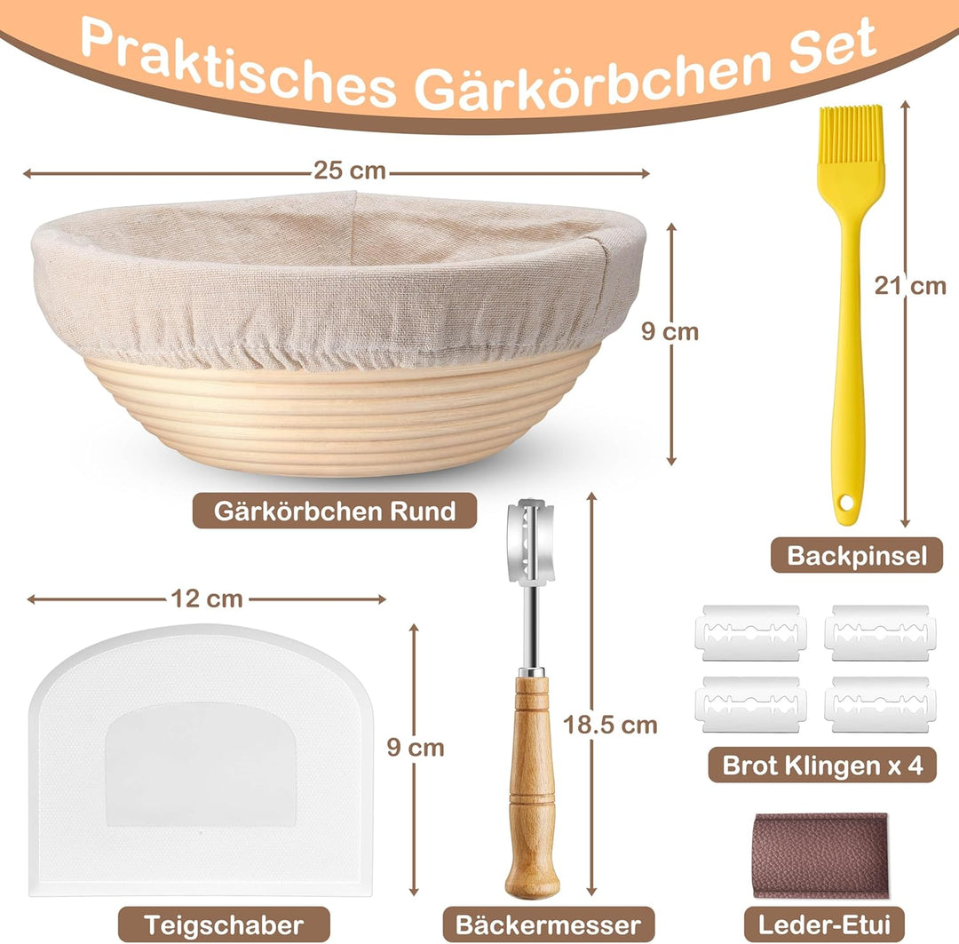 HaWare Gärkörbchen, 25cm Gärkorb Rund Brot Set mit Futter, Bäckermesser, Teigschaber und Backpinsel,