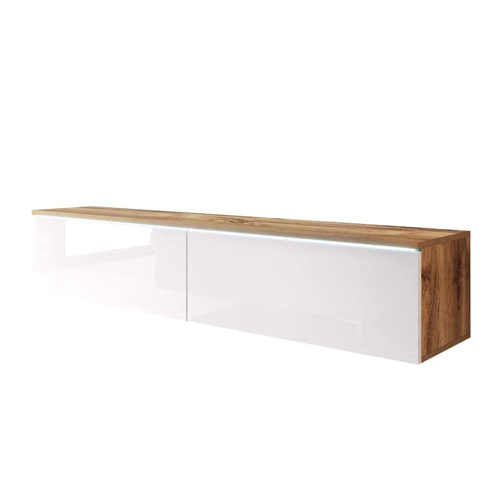 Selsey Kane – TV-Lowboard TV-Schrank hängend/stehend 140 cm (Wotan Eiche Matt/Weiss Hochglanz mit LE