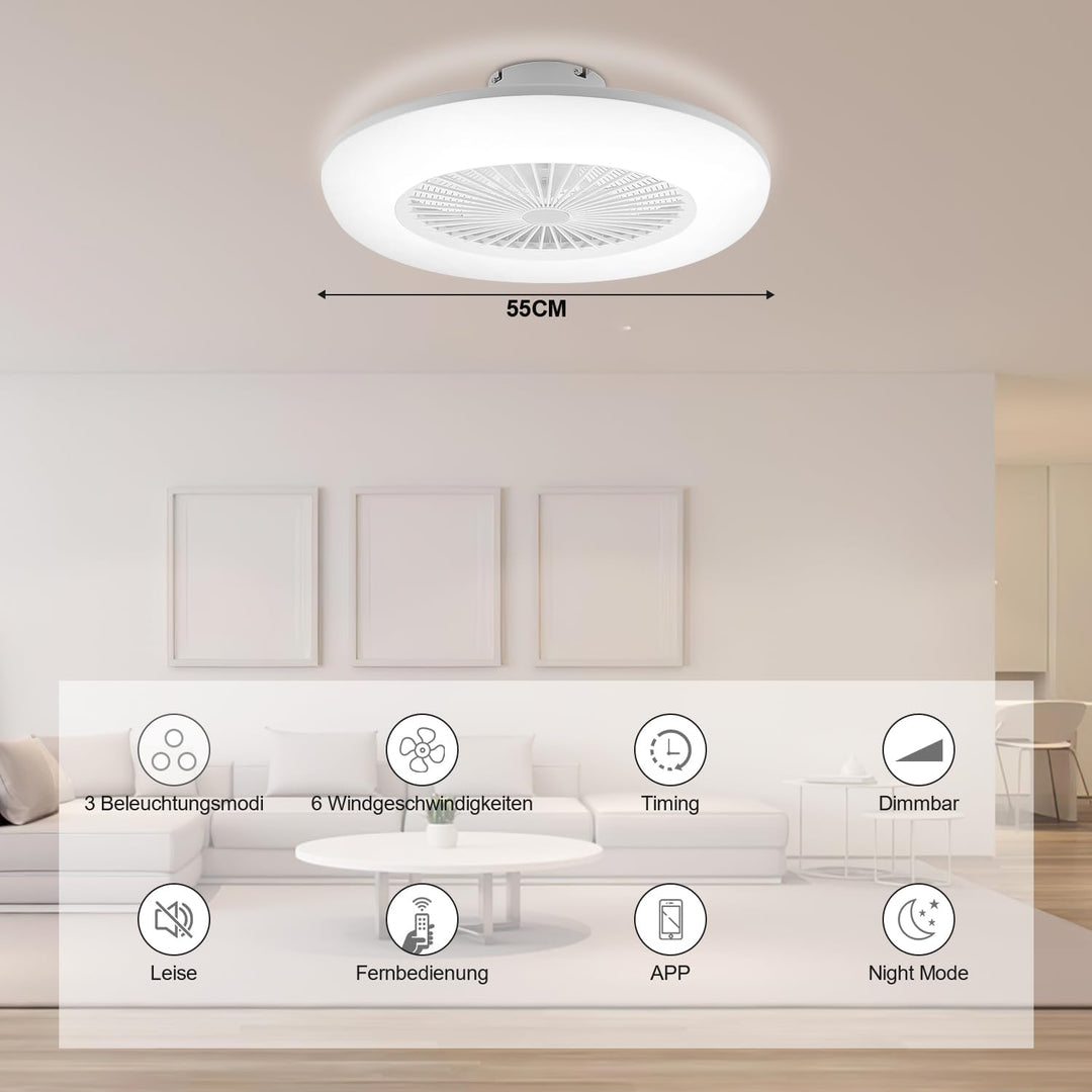 Jopassy Deckenventilator mit Beleuchtung 80W, Ø55cm LED Deckenleuchte Dimmbar mit Ventilator und Fer
