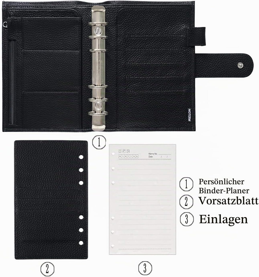 Moterm Personal Regular Ringe Planer - Echtes Leder Binder Organizer (25mm Ring, Kiesel-Schwarz), Ki