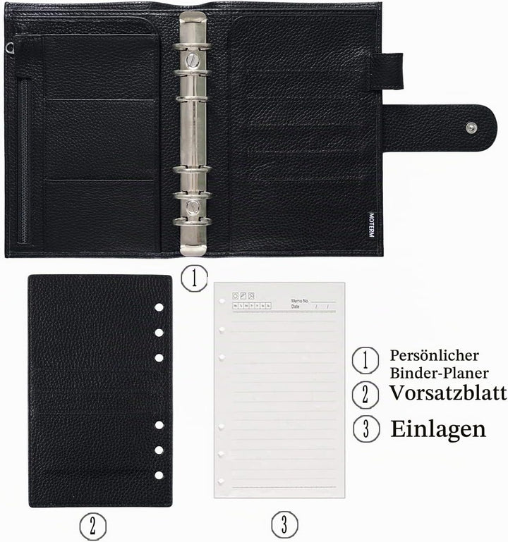 Moterm Personal Regular Ringe Planer - Echtes Leder Binder Organizer (25mm Ring, Kiesel-Schwarz), Ki
