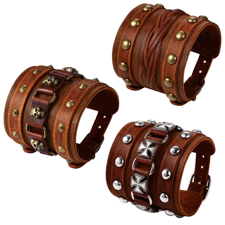 OIDEA 3PCS Herren Leder Armband Set (Punk Rock Stil 4.1cm-5cm Breite Gross geflochtene handgefertigt