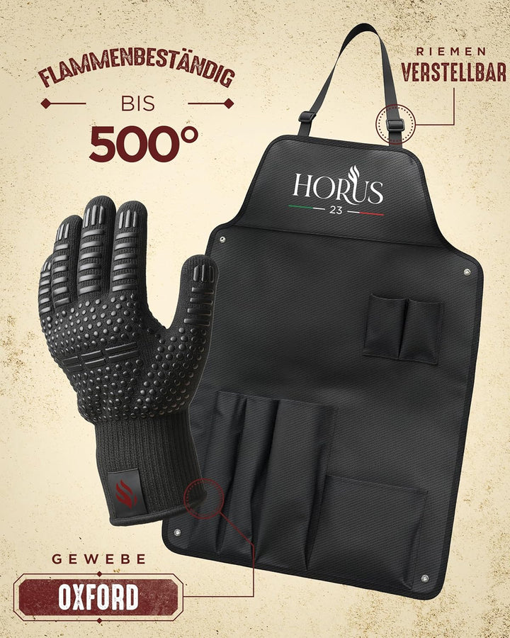 Grill Set mit Grill Zubehör aus Edelstahl, Oxford-Schürze, Hitzeschutzhandschuh und Grillmatte - Ges