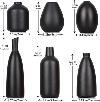 Schwarze Keramik Knospen Vasen Set von 6, Bauernhaus Dekor, Kamindekor, Kaminsims & Regal Dekor, Hei