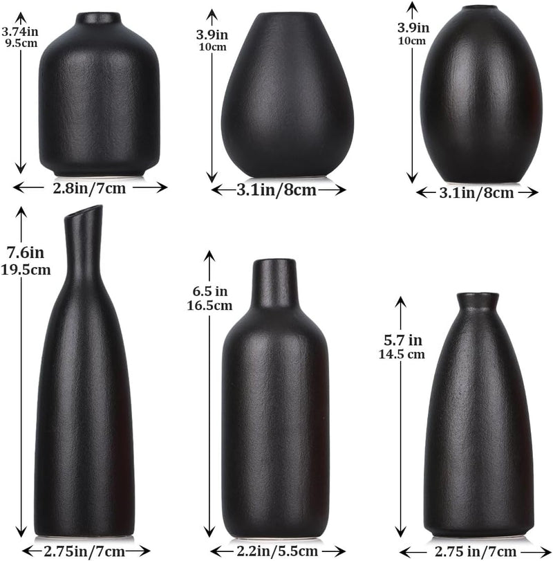Schwarze Keramik Knospen Vasen Set von 6, Bauernhaus Dekor, Kamindekor, Kaminsims & Regal Dekor, Hei