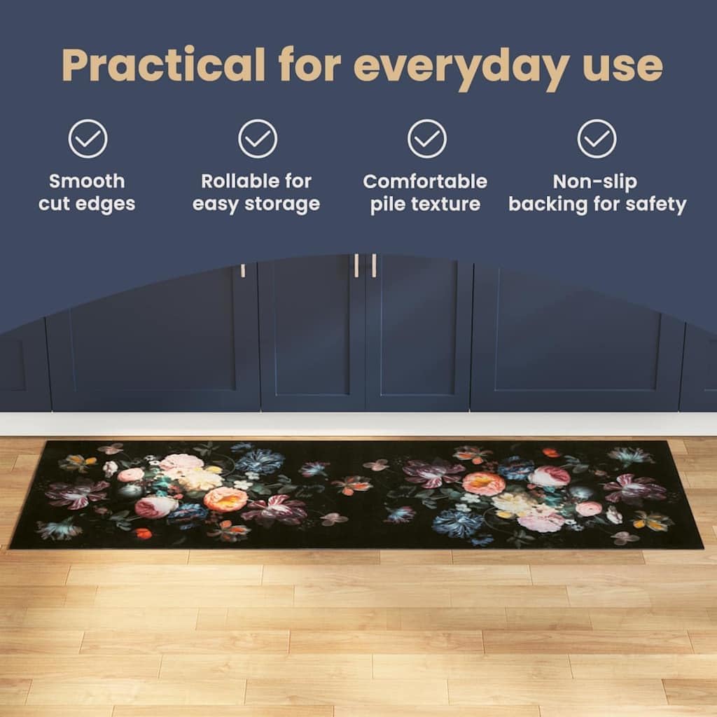 vidaXL Küchenmatte Floral Schwarz 150 x 45 cm Samt, Elegante Küchenmatte, Rechteckig, rutschfeste Un