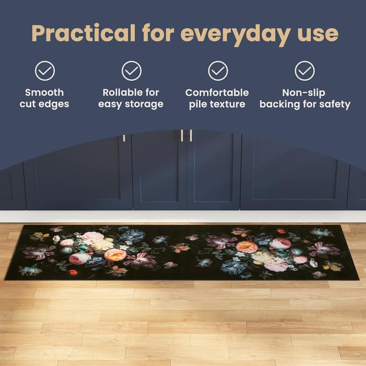 vidaXL Küchenmatte Floral Schwarz 150 x 45 cm Samt, Elegante Küchenmatte, Rechteckig, rutschfeste Un