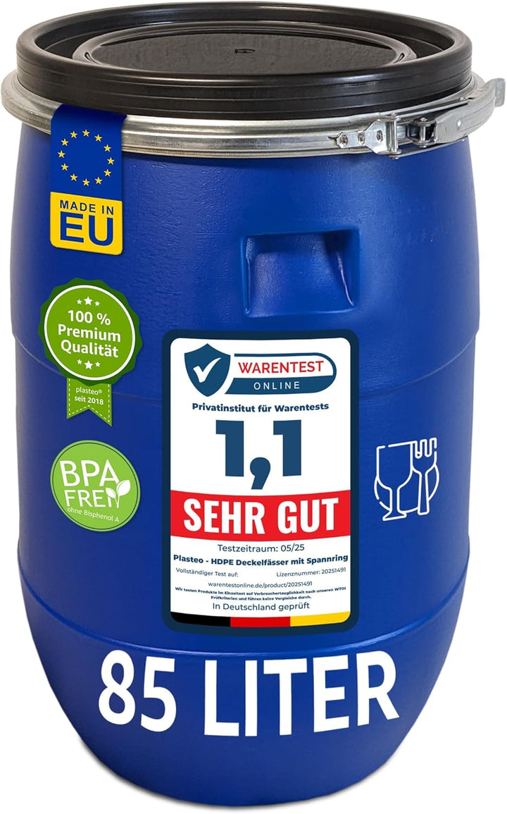 plasteo® 85 Liter Weithalsfass mit Deckel und Spannring, Lebensmittelecht BPA-Frei, Futtertonne Kuns