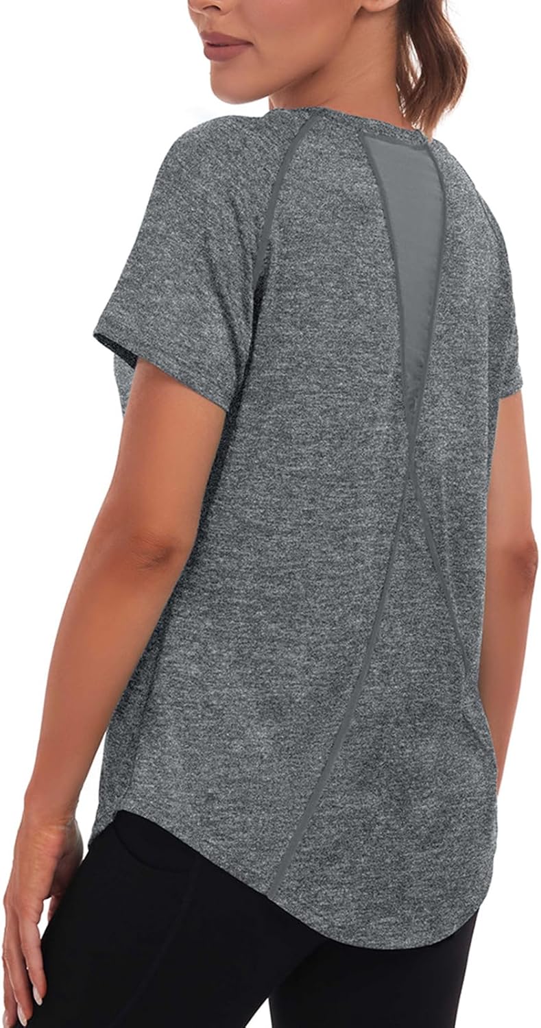 Jlowesun Sport-Shirt für Damen, kurzärmelig, leicht, feuchtigkeitsableitend, schnell trocknend, Netz
