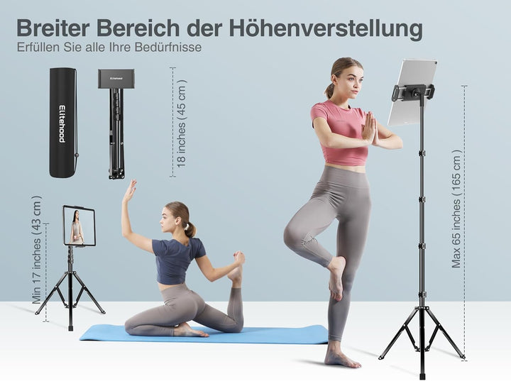 Elitehood Aluminium Tablet Stativ Halterung, iPad Ständer - Höhenverstellbar bis 65'' Halter Stativ