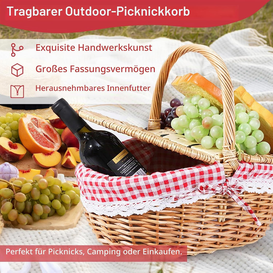 Weide Picknickkorb, Tragbarer Picknickkorb für den Aussenbereich mit Deckel und Griff, Geflochtener