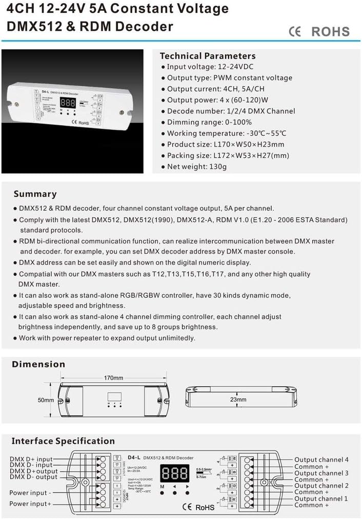 4CH 5A/CH Constant Voltage DMX512 & RDM Decoder RGBW Controller 4 Channel Dimming Controller 12-24V