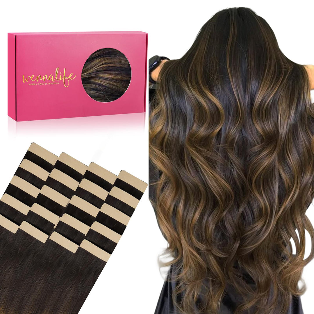 WENNALIFE Tape Extensions Echthaar, 20pcs 40g 30cm 12 Zoll Balayage Dunkel Braun to Chestnut Braun R