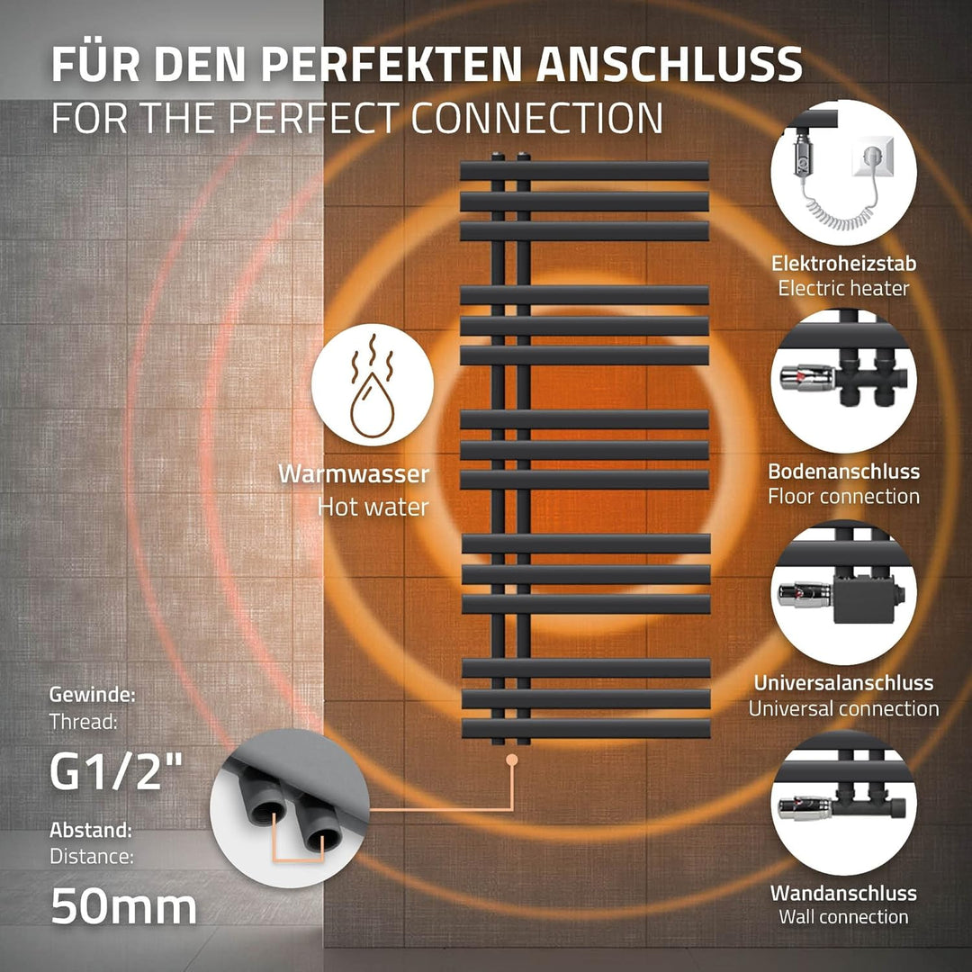 ECD Germany Iron EM Design Badheizkörper Elektrisch mit Heizstab 900 W - 500 x 1200 mm - Anthrazit -