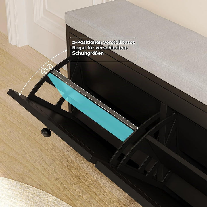 VOWNER Schuhschrank mit 2 Klappen, Schuhregal Schuhkipper Schmal, Sitzbank mit Sitzkissen, Verstellb