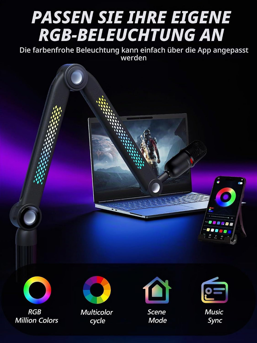 YOUSHARES RGB Tonaufnahme Mikrofon Arm kompatibel mit HyperX QuadCast, QuadCast 2, SM7B, MV7, Rode,