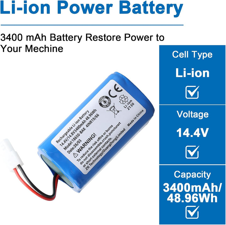 14,4V 3400mAh Lithium-Ionen-Akku Kompatibel mit Rowenta Explorer 60, 20, 40, 50, 45 Saugroboter