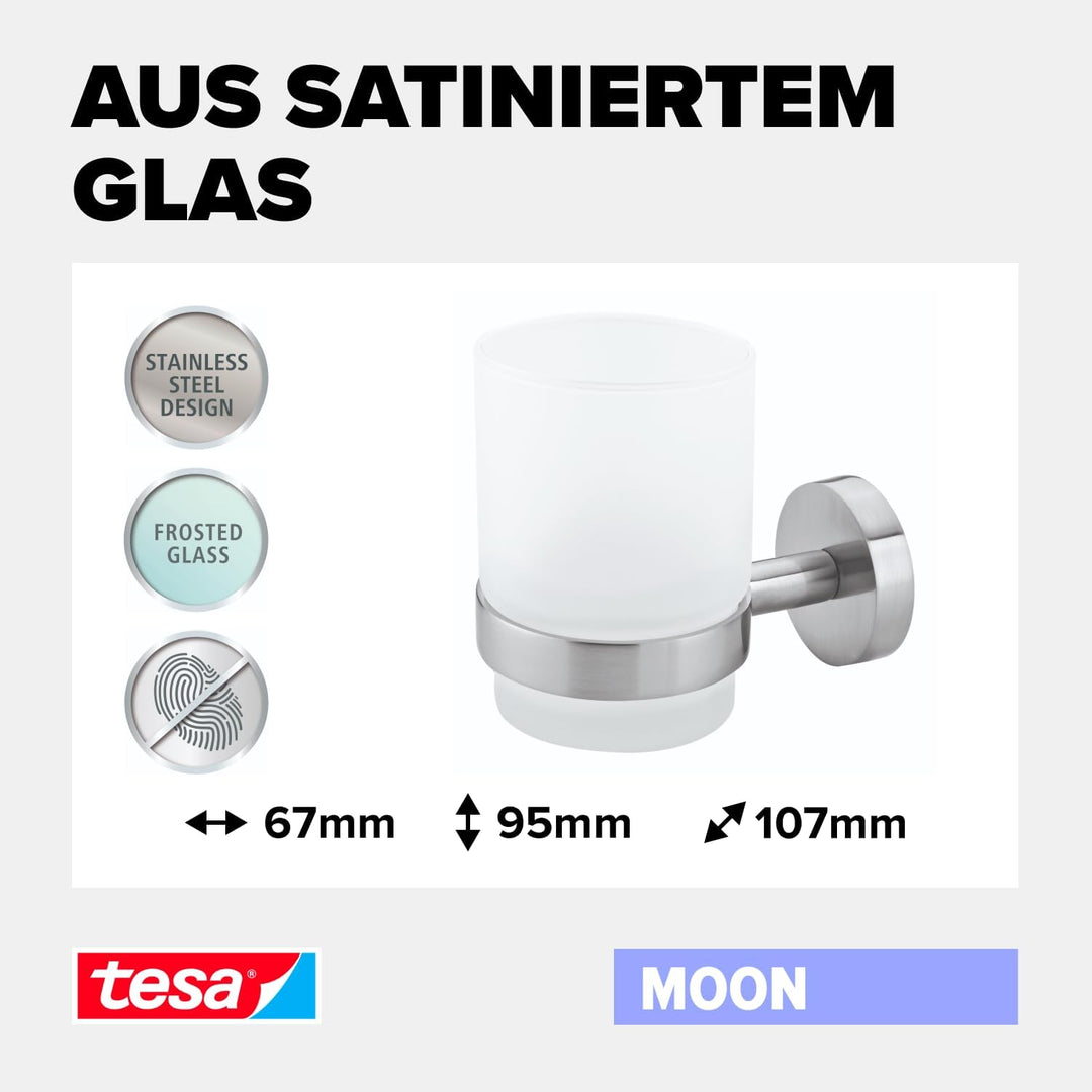 tesa Moon Zahnputzbecher mit Halterung - Becher aus satiniertem Glas, verchromte Wandhalterung - zur