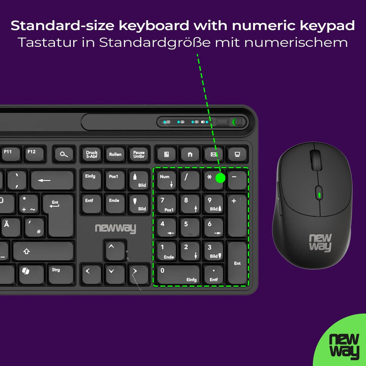 NEWWAY NKMP252 – Kabellose Tastatur Maus Set 2,4 GHz – QWERTZ Deutsch – Leise Tasten, 14 Multimedia-