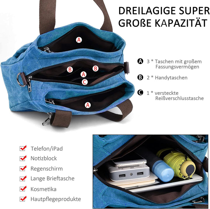 DORRISO Mode Umhängetasche Damen Canvas Handtasche Reise Schultertasche Casual Multifunktionale Umhä