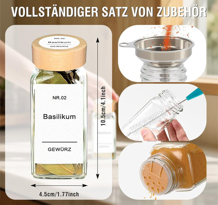 24 Gewürzgläser Eckig Set mit Bambusdeckel 10,5 x 4,5 cm Gewürz Organizer mit Gewürzmühle und 200 We