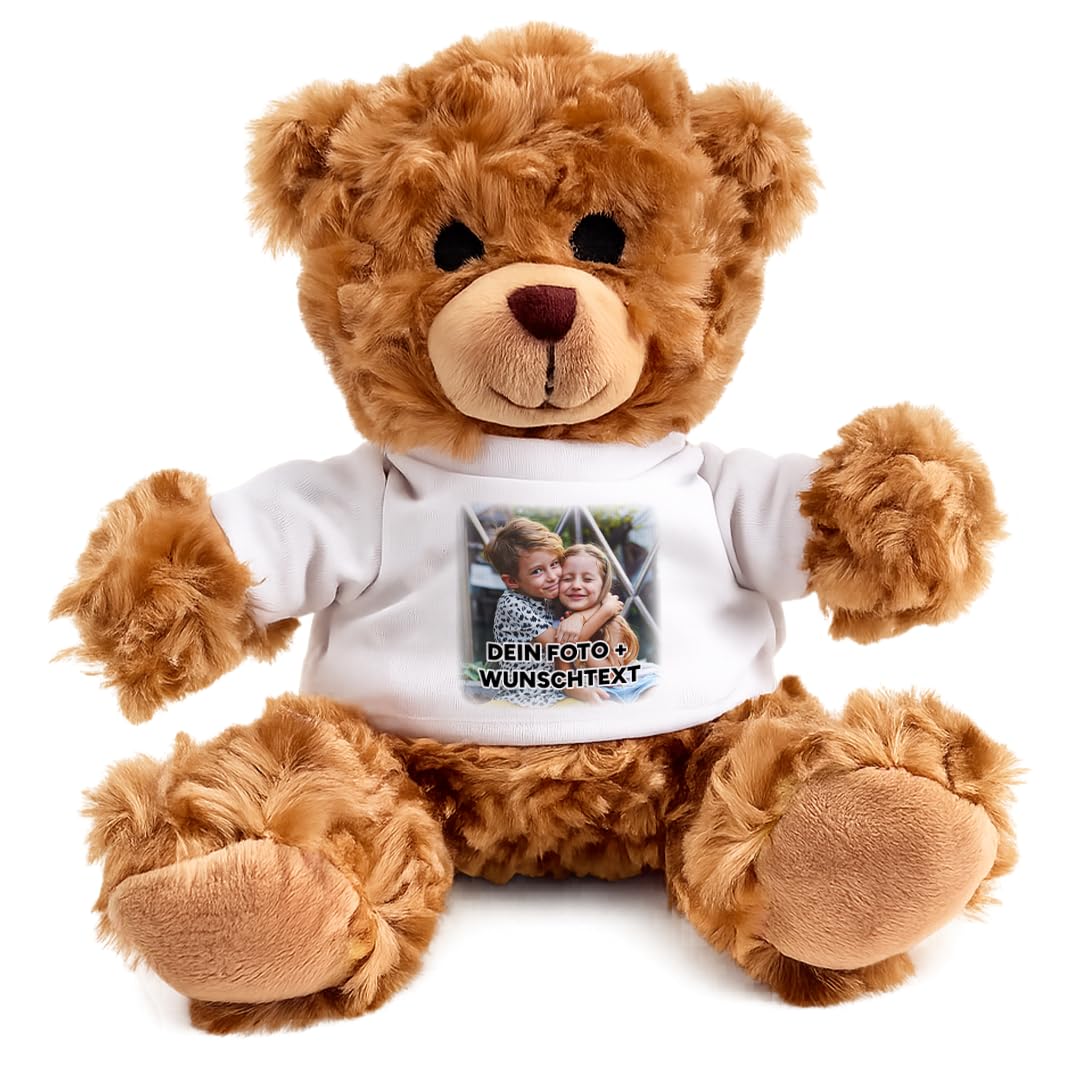 Kuscheltier Teddybär personalisiert – Flauschiges Plüschtier mit weissem T-Shirt zum Bedrucken – Wei