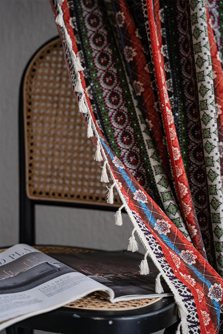 Freyamy Boho Vorhänge 2er Set Gardinen mit Beige Quasten Baumwolle Leinen Halbverdunkelungsvorhänge