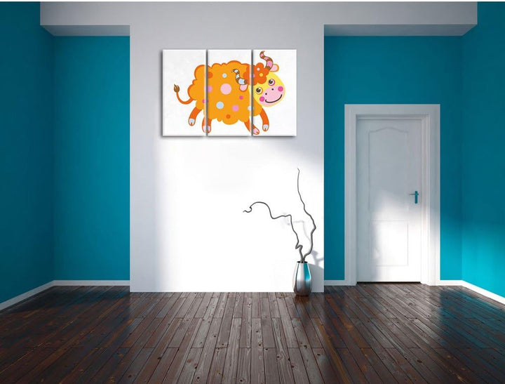 Pixxprint Niedliches Schaf mit Hörnern als Leinwandbild | Grösse: 3 Teilig (120x80) | Wandbild| Kuns