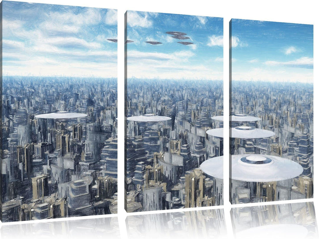 Pixxprint UFO´s über der Stadt als Leinwandbild/Grösse: 3 Teilig (120x80 cm) cm/Wandbild/Kunstdruck/