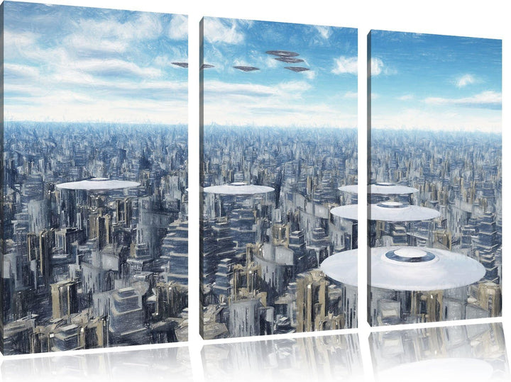 Pixxprint UFO´s über der Stadt als Leinwandbild/Grösse: 3 Teilig (120x80 cm) cm/Wandbild/Kunstdruck/