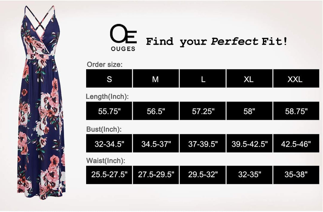 OUGES Damen Sommerkleid V-Ausschnitt Maxikleid Rückenfreies High Waist Spaghetti Strap Freizeitkleid