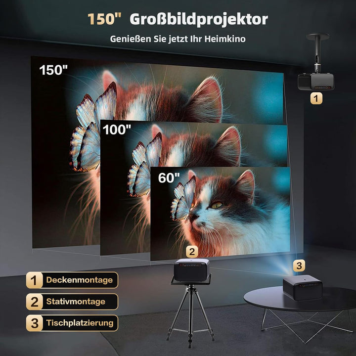 CASIRIS Omnistar Beamer Set mit 100'' Leinwand | 1500 ANSI | Auto Fokus | 1080P Full HD mit 4K Unter