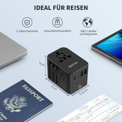 EPICKA Reiseadapter Weltweit, GaN Universal Reisestecker 70W PD Schnellladegerät, Travel Adapter mit