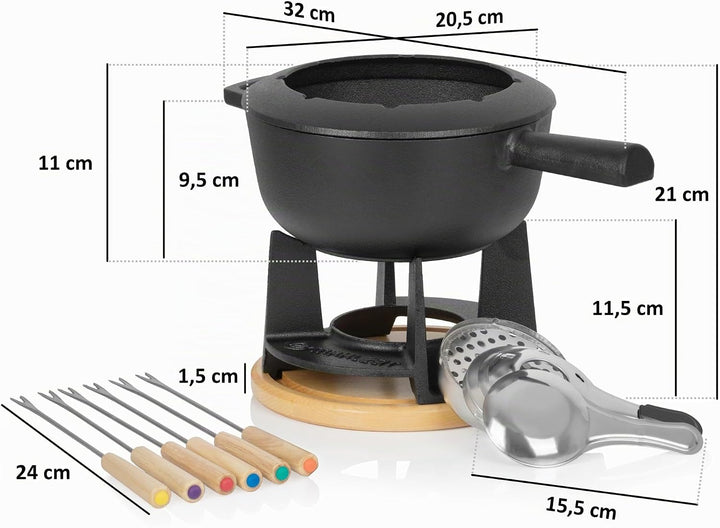 Mahlzeit Gusseisen Fondue Set für 6 Personen | 2 Liter | Fondueset 13 teilig mit Brenner und Gabeln