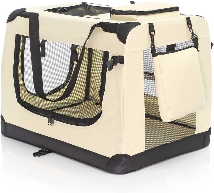 Fudajo Faltbare Transportbox in Beige für Haustiere, Grösse L (70x52x50cm), Tragegriff, Liegedecke