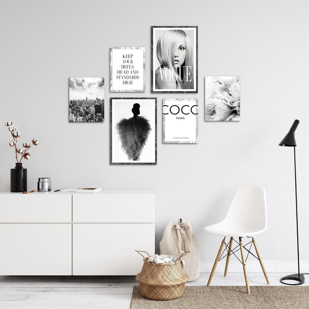 Novart Wandbilder Set Coco Fashion Schwarz Weiss - KEIN EXTRA RAHMEN BENÖTIGT - Modern Deko - Wohnzi