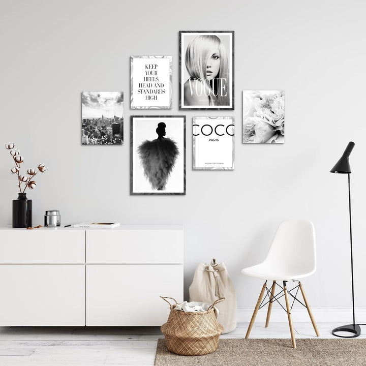 Novart Wandbilder Set Coco Fashion Schwarz Weiss - KEIN EXTRA RAHMEN BENÖTIGT - Modern Deko - Wohnzi