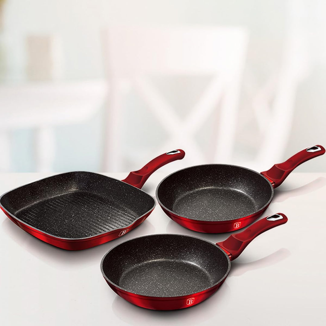 BerlingerHaus Haus Burgundy Set 2 Bratpfannen 1 Grillpfanne Induktion 20-24-28cm, Aluminium, Antihaf