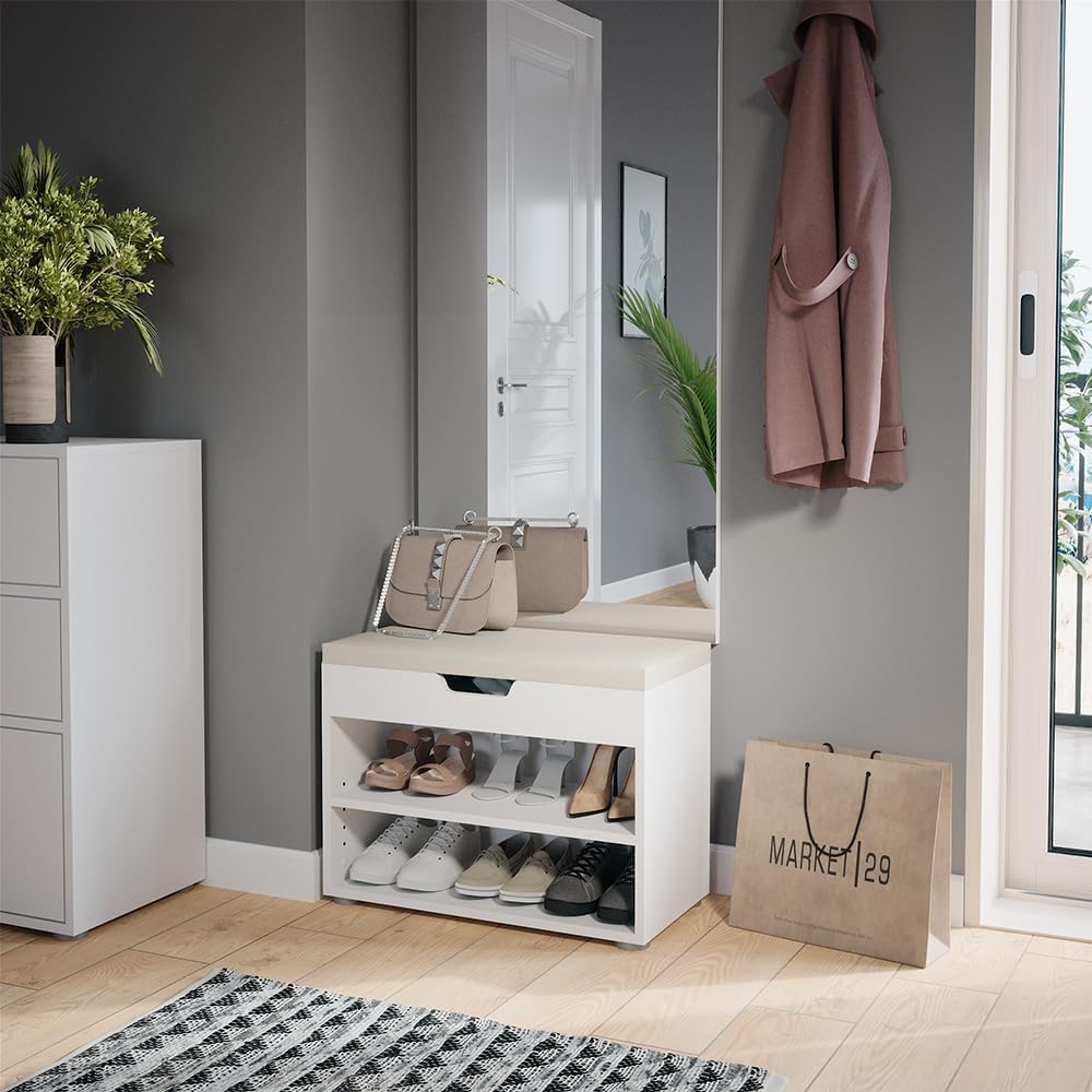 Vicco Schuhbank Rolfe, Sitzbank mit Stauraum, Weiss, 60 x 45 cm, Weiß