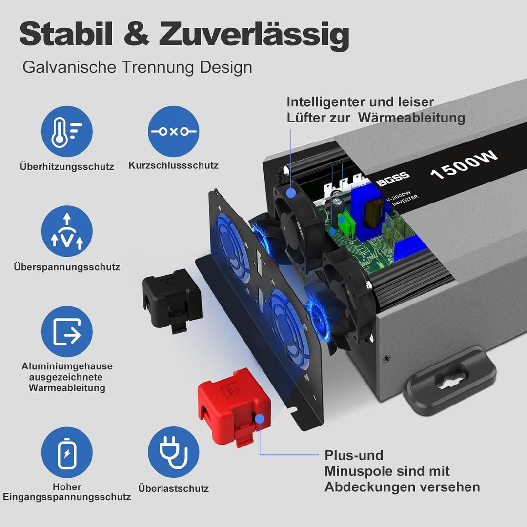 DATOUBOSS Wechselrichter 12v auf 230v Reiner Sinus 1500w/3000w, Spannungswandler 12v 230v 1500w Rein