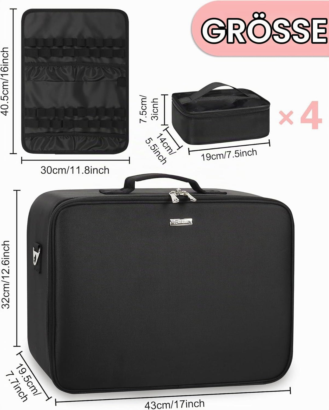 Relavel XXL Make-up-Koffer, Professioneller Kosmetik-Organizer mit Pinselhalter, 4 durchsichtigen Ta