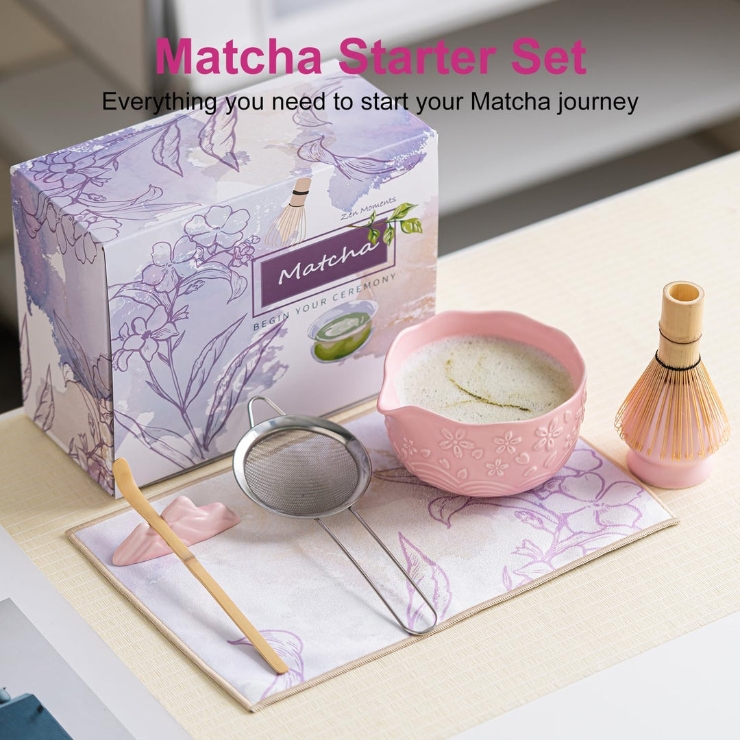 Matcha Set Pink, 8 Stück Matcha Tee Sets mit Matcha Besen und Schale, Schaufel, Löffelständer, Besen