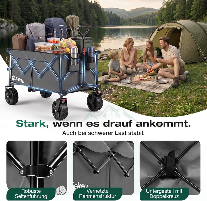 Sekey XXL Plus Bollerwagen Faltbar mit Bremsen 200L 200KG Belastbar, Extra Breite Reifen All Terrain