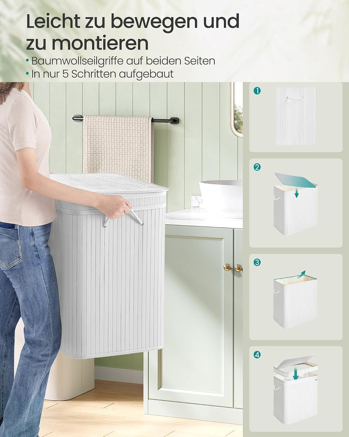 SONGMICS Wäschekorb mit Deckel, Wäschesammler Bambus, Wäschesack herausnehmbar und maschinenwaschbar
